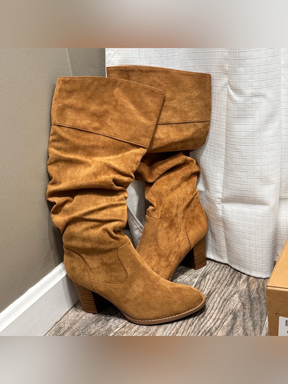 Knee High Boots Faux Suede Camel Brown Heels Slouchy Womens 7.5